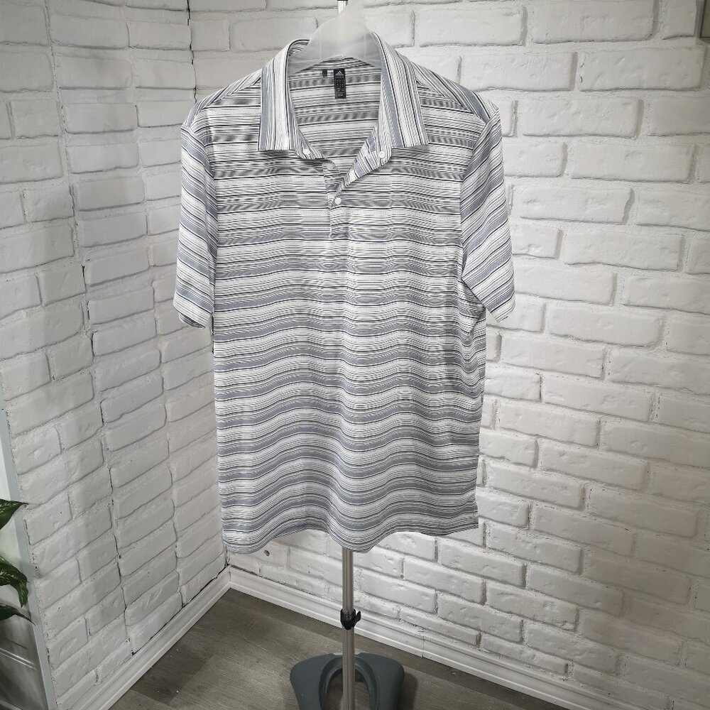 Adidas Primegreen Men's Size Large Navy Grey & White Striped Polo / Golf Shirt